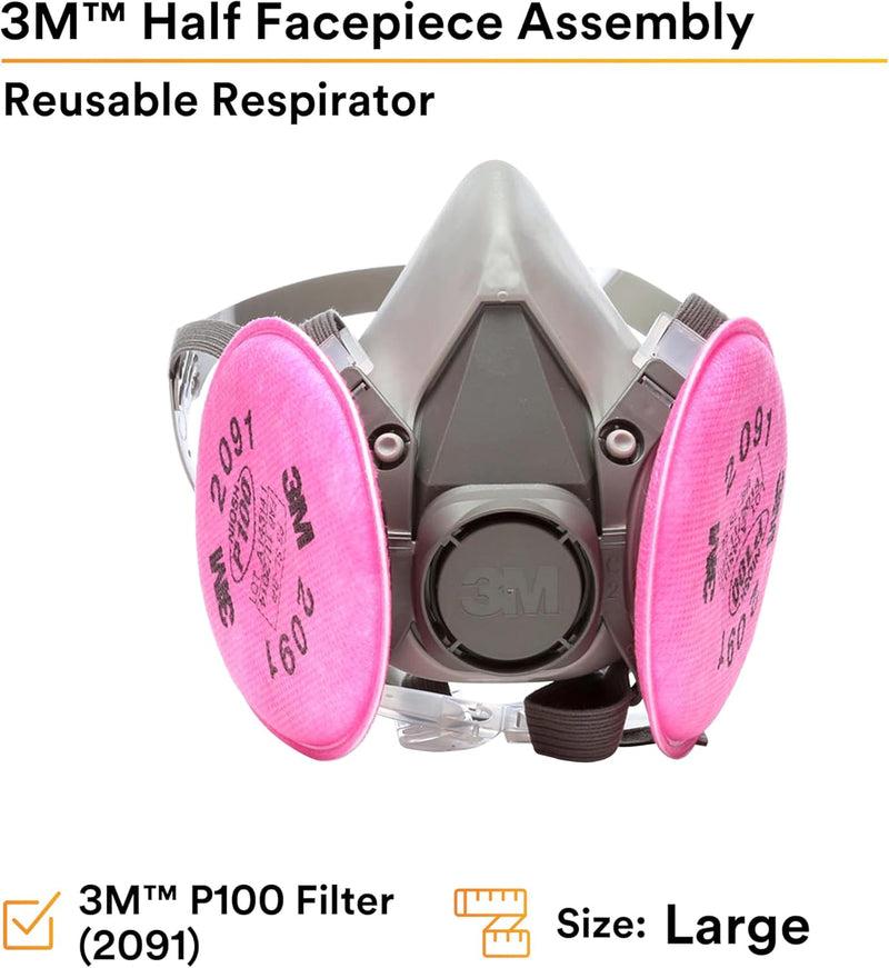 3M 6391 Half Facepiece Respirator Assembly with 3M Particulate Filters 2091 P100, Size: Large . Each