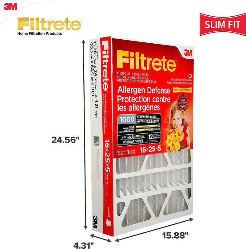 3M Filtrete  DPSM01DC-4C 16x25x5 (4.31 Actual Depth) MPR 1000 Pleat AC Furnace Air Filter. Pack/4