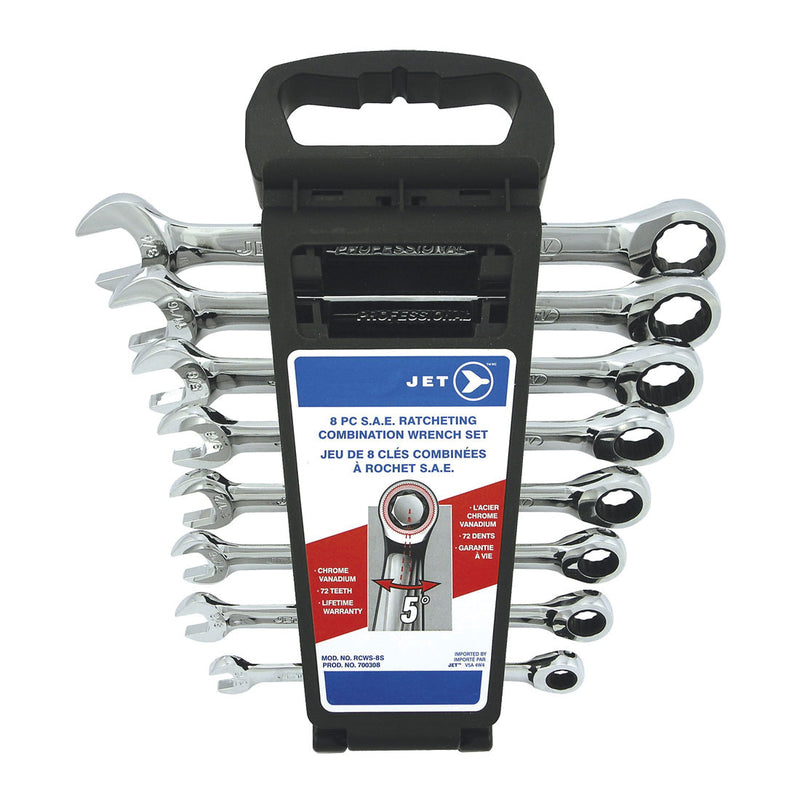 JET 700308 Long S.A.E. Ratcheting Combination Wrench Set. 8-Piece