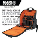 Klein Tools 55655 Tool Bag Backpack, Tradesman Pro Tool Station with 21 Pockets and Large Interior, Includes Flashlight with Work Light