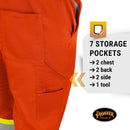 Pioneer FR 7-Pocket Overall Bib Work Pants, Premium Cotton & Nylon Blend, Reflective Stripes, Orange, 2XL, V2540480-2XL