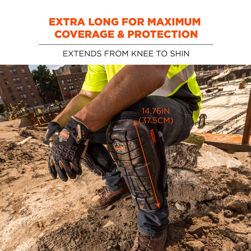 Ergodyne Proflex 342 Professional Knee Pads, Protective Extra Long Cap, Injected Gel Padded Technology, Adjustable Straps, Black