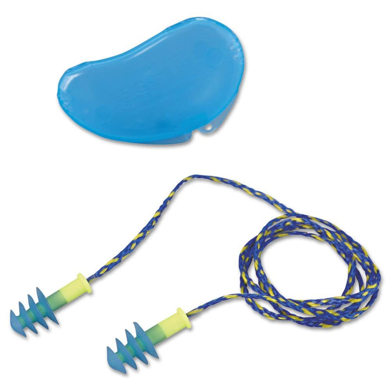 Leight Multiple Use Fusion 4-Flange Blue And Yellow Thermal Plastic Urethane Corded Earplugs With Detachable Nylon Cord (1 Pair Per HearPack, 100 Pair Per Box) [Set of 100]