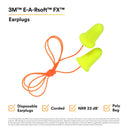 3M Ear Plugs, 200/Box, E-A-Rsoft FX 312-1260, Corded, Disposable, Foam, NRR 33, Drilling, Grinding, Machining, Sawing, Sanding, Welding, 1/Poly Bag