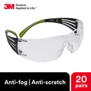 3M Safety Glasses, SecureFit, 20 Pack, ANSI Z87, Anti-Fog Anti-Scratch Clear Lens, Green/Black Frame, Flexible Temples