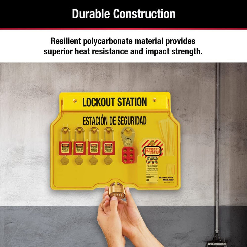 Master Lock 1482BP410 4-Padlock Capacity Lockout Station with Cover, Includes 4 Zenex Padlocks, Yellow