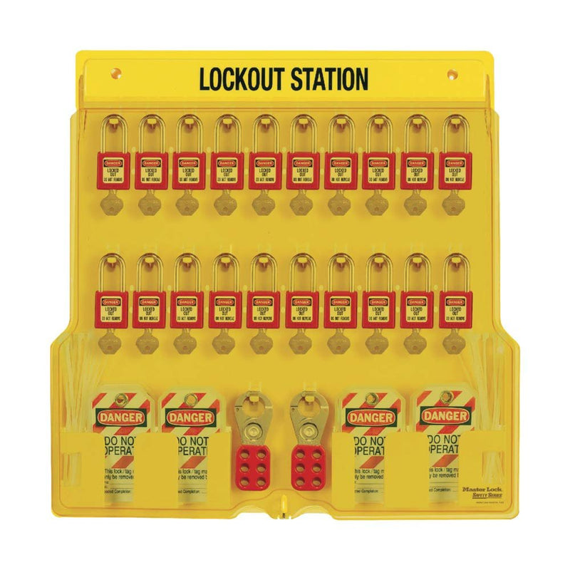 Master Lock 1484BP410 20 Pack Lockout Station with Cover, Includes 20 Zenex Padlocks, Yellow