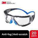 3M Safety Glasses, SecureFit, 20 Pack, ANSI Z87, Scotchgard Anti-Fog Anti-Scratch Clear Lens, Blue/Grey Frame, Removable Foam Gasket, Flexible Temples