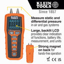 Klein Tools ET180 Digital Manometer, Air and Gas Pressure Tester, Differential Dual Port Pressure Gauge, Large LCD Display with Backlight