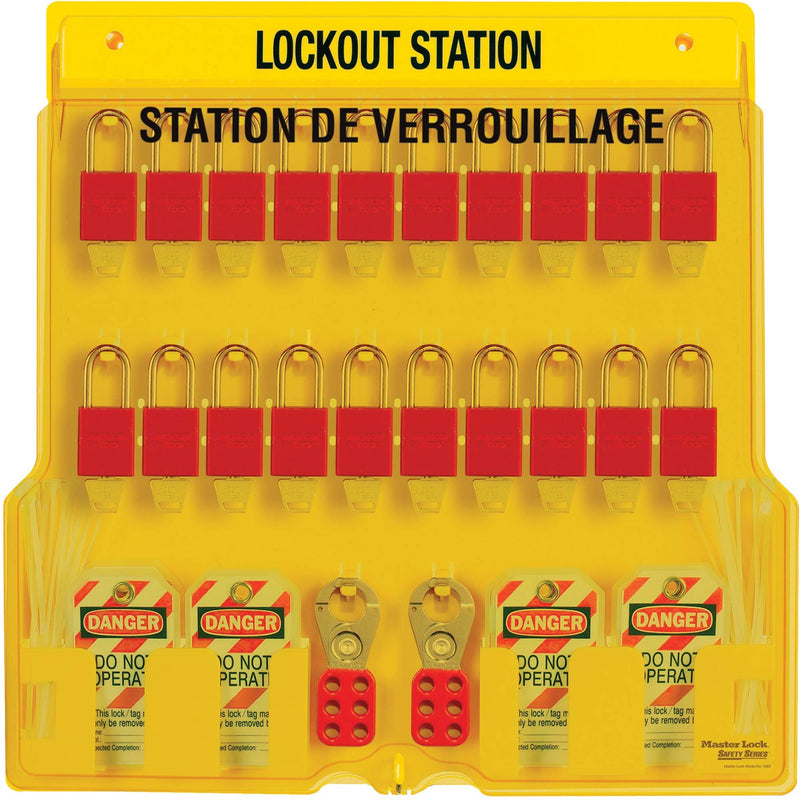 Master Lock 1484BP1106FRC French/English 20-Padlock Capacity Lockout Station with Cover, Includes 20 Aluminum Padlocks