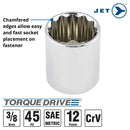 JET 3/8 Inch Drive Socket Wrench Set - SAE & Metric 12 Point Deep & Standard Length Sockets with Torque Drive - 45 Pieces