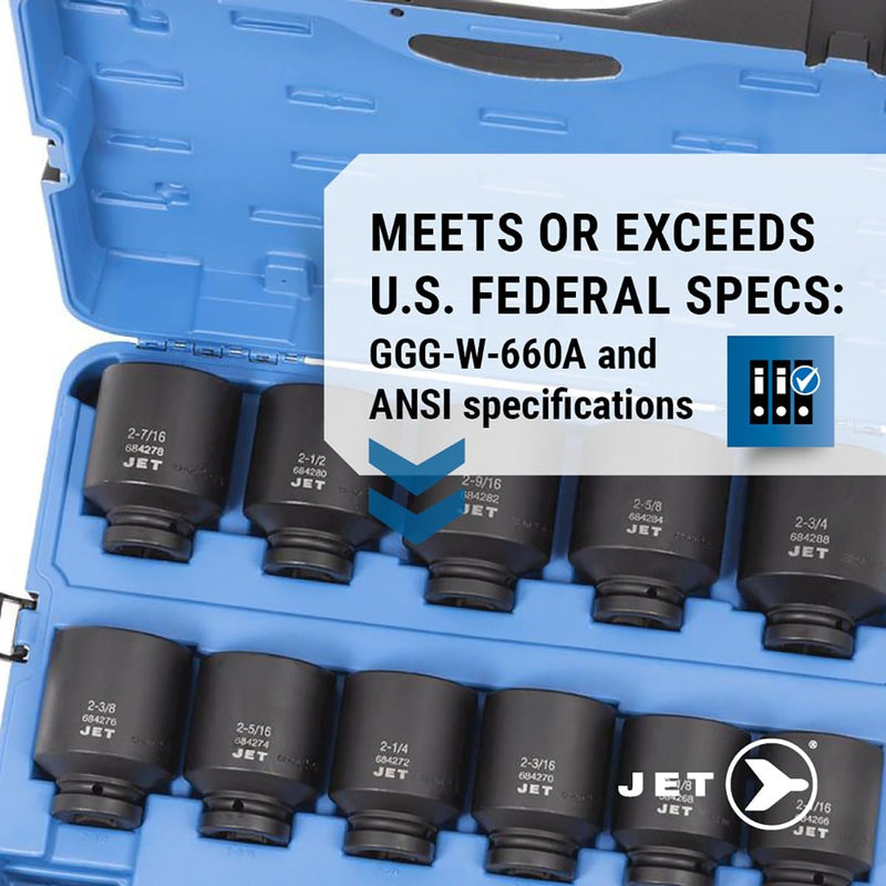 Jet 1-inch Drive, 16-Piece Deep SAE Professional Impact Socket Set, 6 Point, 610508