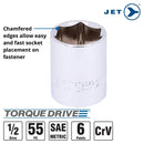 JET 1/2 Inch Drive Socket Wrench Set - SAE & Metric 6 Point Deep & Standard Length Sockets with Torque Drive - 55 Pieces