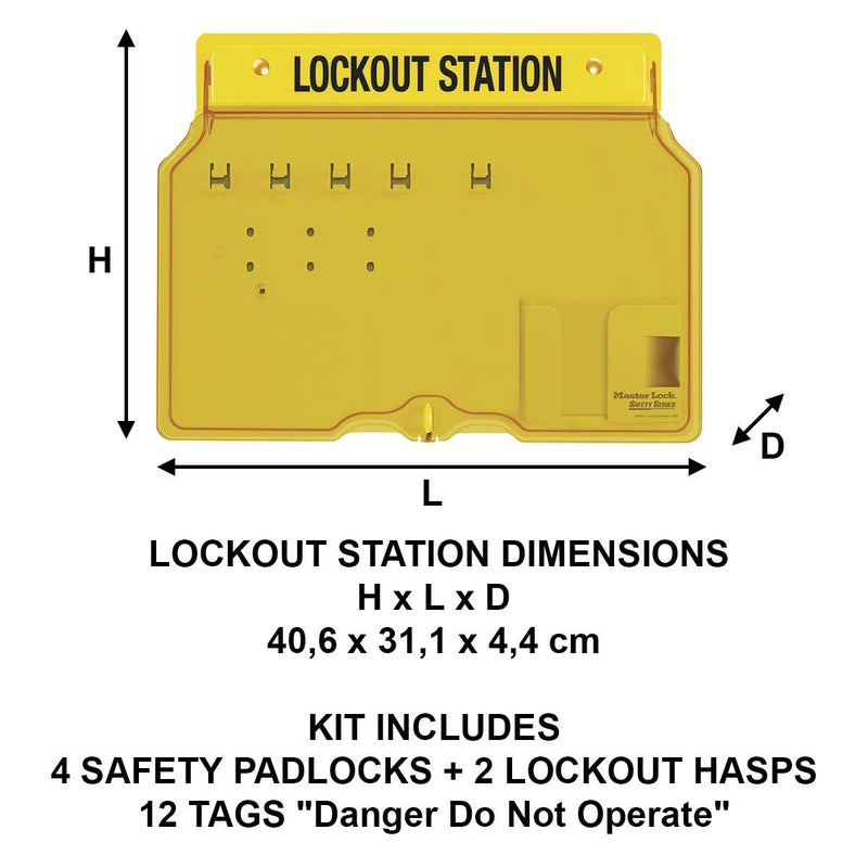 Master Lock 1482BP410 4-Padlock Capacity Lockout Station with Cover, Includes 4 Zenex Padlocks, Yellow