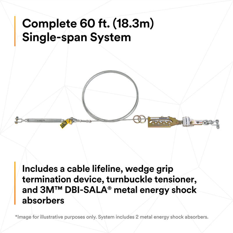 3M DBI-SALA Sayfline 7602060 Horizontal Lifeline System, 60' Cable with Wedgegrip Termination, Turnbuckle Tensioner, Energy Absorber, Silver