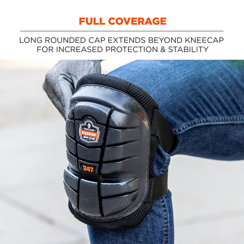 Ergodyne Proflex 347 Professional Knee Pads, Protective Long Cap, Lighweight Gel Padded Technology, Adjustable Straps, Black