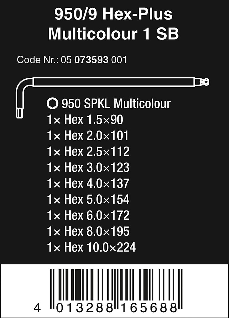 Wera 05073593001 950 Spkl/9 Sm N Multicolor L-Key Set, Metric, Blacklaser Hex Wrench, 9 Pieces