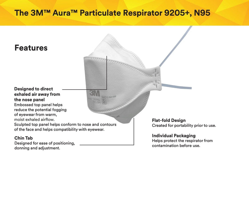 3M 9205+ Aura Particulate Masks NIOSH Certified. 10 Masks  (Individual packaging)